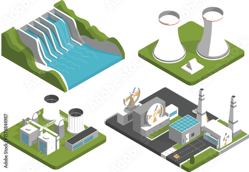 Isometric illustration showing different types of power plants and energy sources