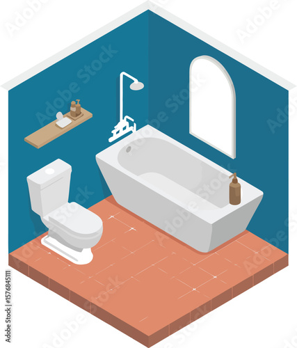 Isometric bathroom scene featuring a toilet bathtub mirror and blue walls art