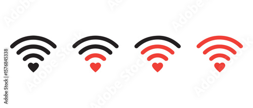 Creative Wi-Fi Signal Icons with Heart Symbol in Red and Black Variants for Connectivity Branding.
