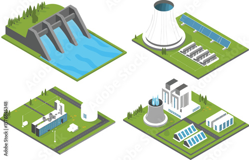 Isometric illustration of various energy production facilities on green tiles