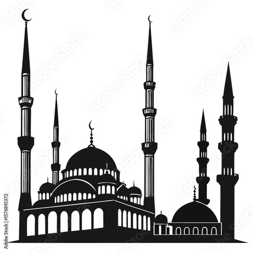 Islamic mosque architecture silhouette with multiple minarets and domes Islamic architecture