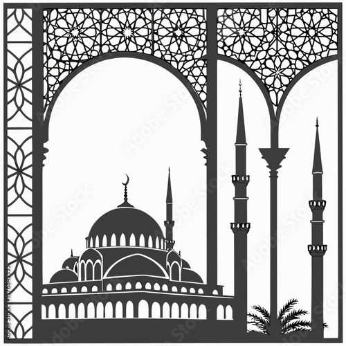 Islamic mosque architecture with geometric patterns and minarets dome