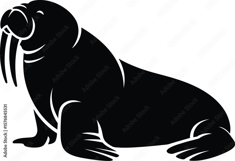 Obraz premium Black walrus with tusks and flippers white animal