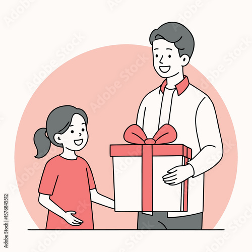 Father and Daughter Excitedly Receive a Wrapped Gift Box