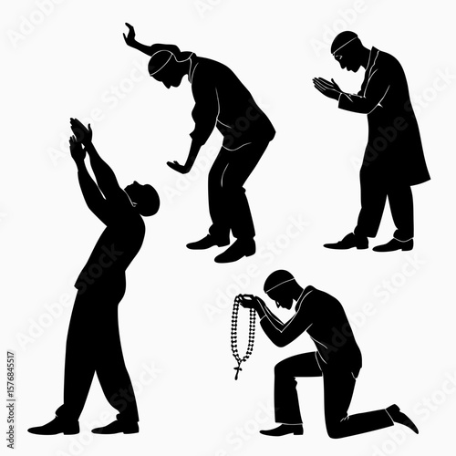 Islamic prayer gestures silhouettes men worshiping devotion faith