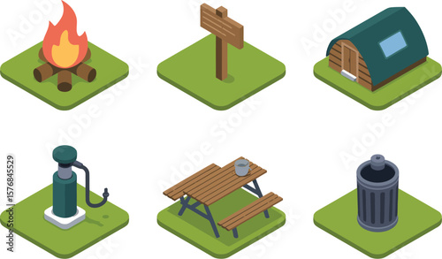 Isometric camping icons featuring a campfire sign tent pump picnic table and trashcan