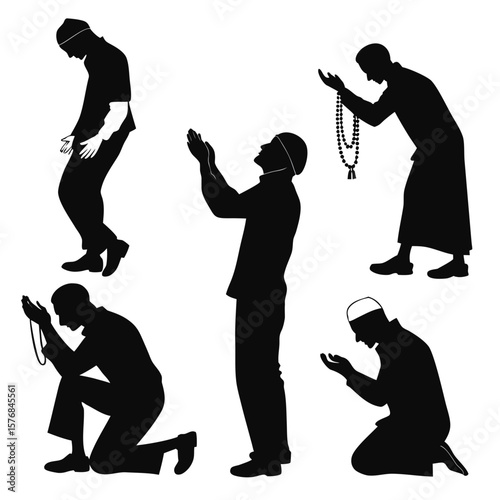 Islamic prayer poses silhouettes men praying with beads muslim worship
