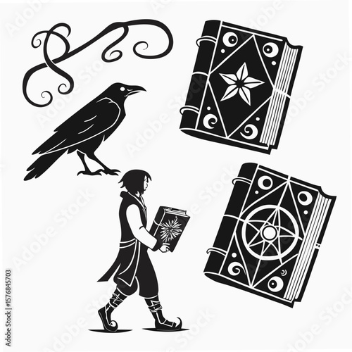 Magician holding spellbook with raven and ornate books arcane