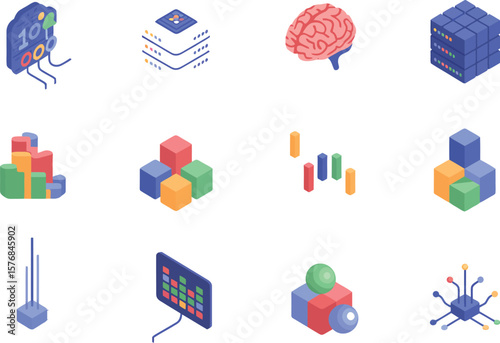 Isometric data and technology icons representing artificial intelligence tools