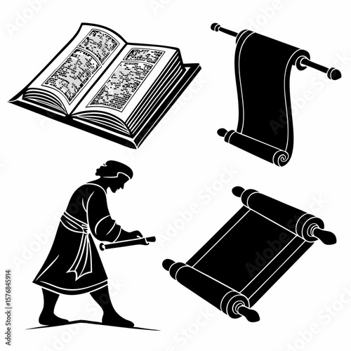 Medieval book and scrolls with scribe writing