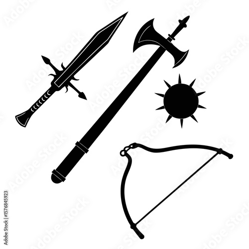Medieval battle weapons collection sword axe mace bow vector