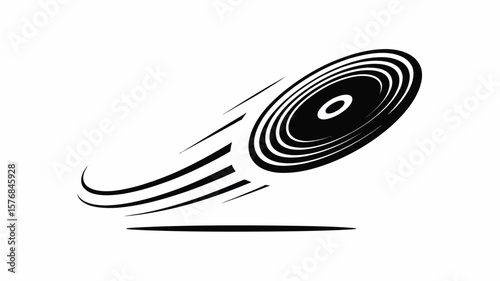 Stylized black frisbee flying with motion lines and shadow against white background