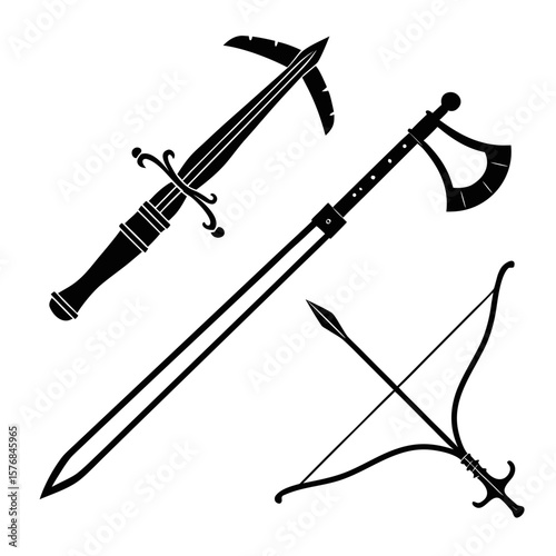 Medieval weapon collection battle axe sword bow arrow medieval weapons bow and arrow