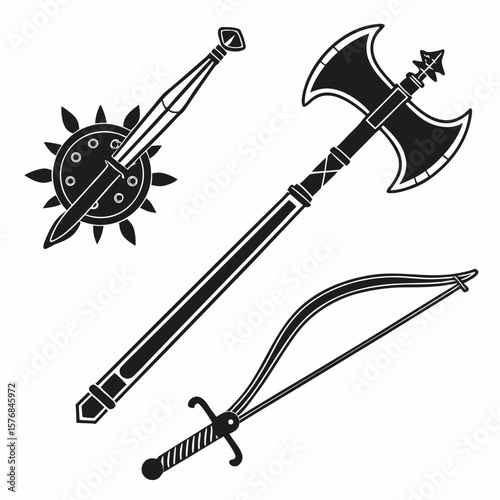Medieval weapons collection battle axe sword mace bow vector