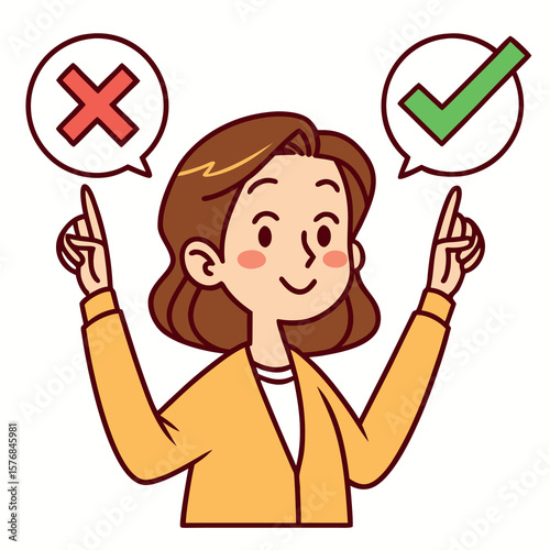 Woman Deciding Between Right and Wrong Choices with Thought Bubbles