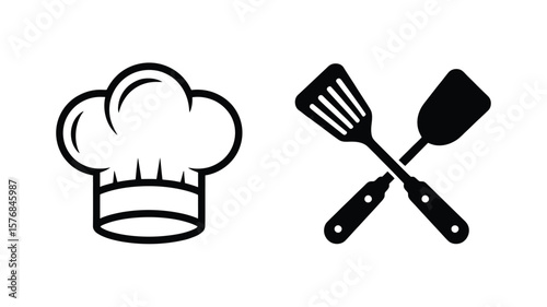 Chef hat and crossed cooking utensils icon set for culinary concepts