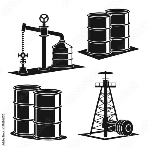 Oil industry equipment silhouettes barrels pipeline
