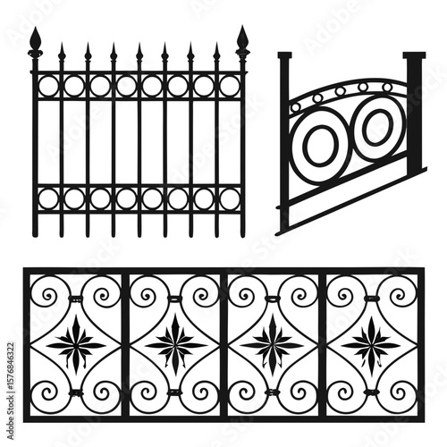 Ornate wrought iron fence sections with decorative elements gate border