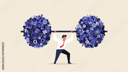 Businessman Lifting Heavy Weights of Data and Information Overload