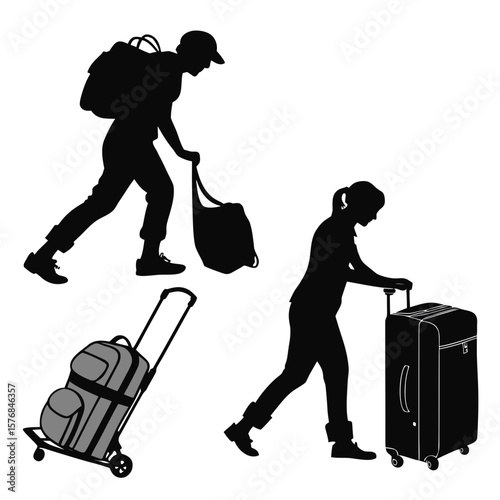 People silhouettes with luggage bags and wheeled suitcases travel