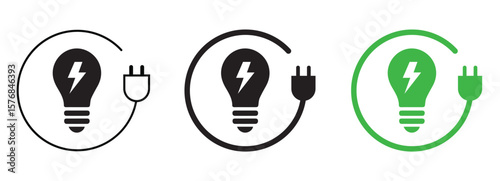 Eco-Friendly Electric Light Bulb with Power Plug Inside Circular Energy Flow Symbol Renewable Green Energy and Sustainability Icon Concept in Black and Green Variations