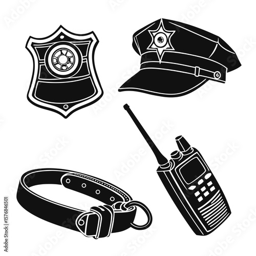 Police badge cap radio and collar silhouettes vector