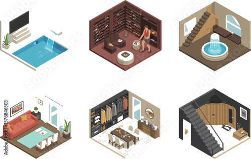 Isometric views showcasing various room interiors including a pool and wine cellar