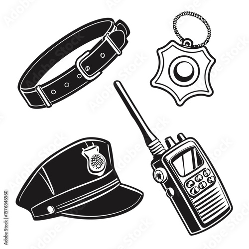 Police officer equipment collection badge cap radio belt vector