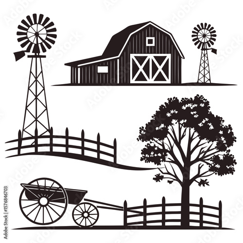Rustic farm scene with barn windmills fence and cart vector