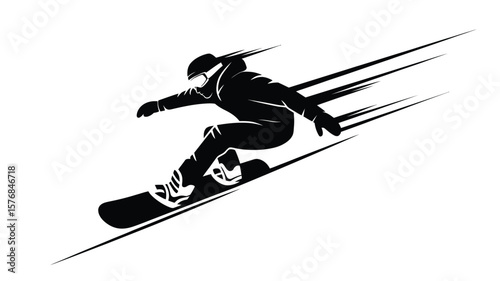 Dynamic silhouette of a snowboarder in motion with speed lines