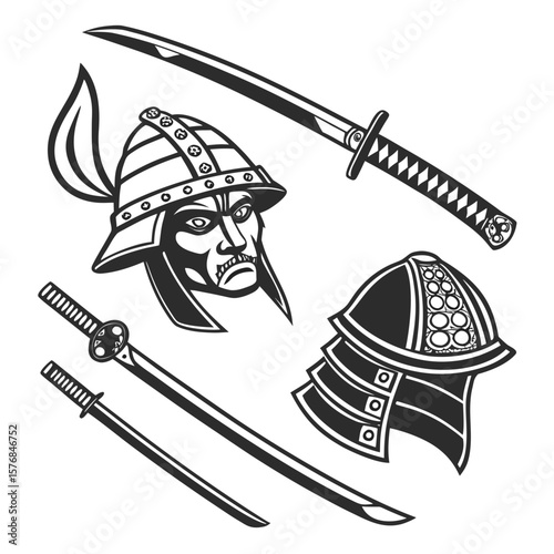 Samurai warrior helmets and swords collection katana weapon