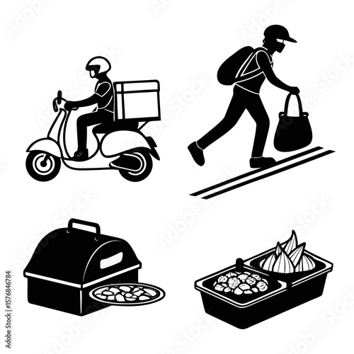 Scooter rider delivering food and food containers food delivery bag