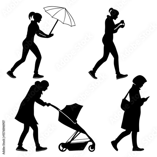 Silhouettes of people walking with umbrella stroller and phone vector