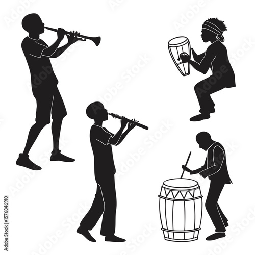 Silhouettes of musicians playing wind and percussion instruments vector