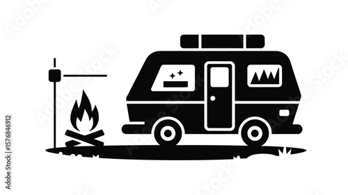 Stylized black and white illustration of a camper van parked next to a campfire