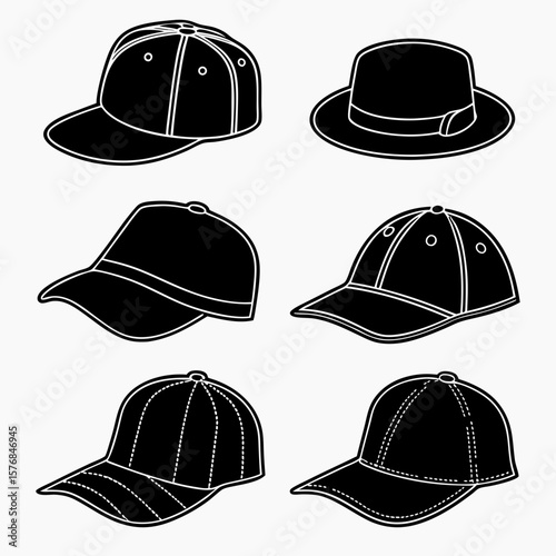 Six black and white hat silhouettes baseball caps and fedora hats