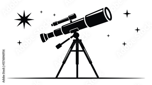 Black silhouette of a telescope on a tripod with stars in the night sky