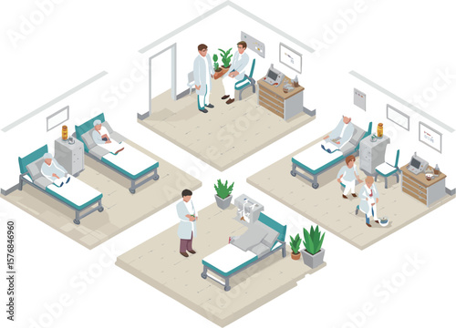 Isometric hospital scene depicting doctors patients and medical equipment rooms