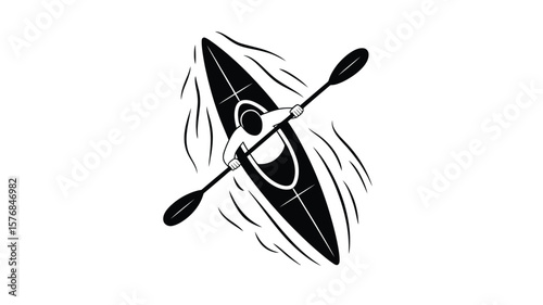 Person kayaking through choppy water with a paddle in a stylized black and white illustration