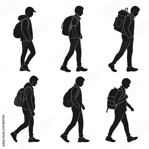 Six black silhouettes of people walking with backpacks vector