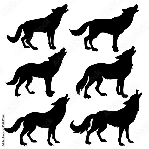Six black wolf silhouettes howling and standing wolves