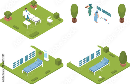 Isometric view of medical scenarios with doctors, beds, and hospital buildings