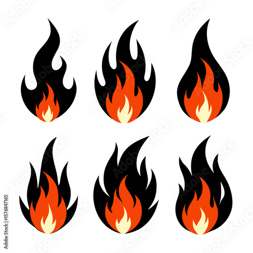 Six stylized fire flame icons in black orange and yellow symbol heat