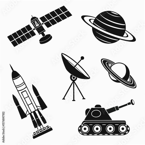 Space exploration and celestial bodies icons satellite planet