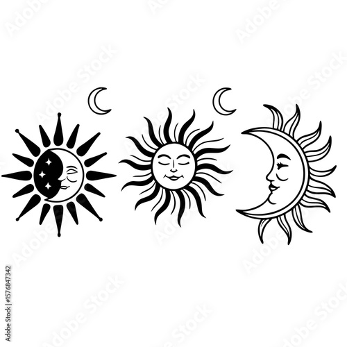 Stylized sun and moon icons with celestial elements silhouettes