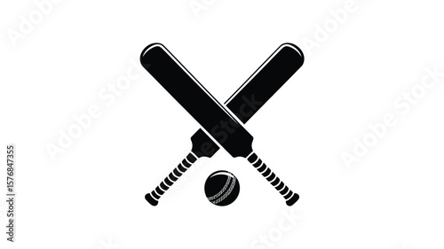Two black cricket bats crossed with a cricket ball in the center on a white background