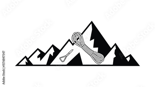 Stylized black and white illustration of mountain peaks with climbing rope and carabiner