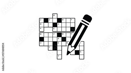 Black and white illustration of a crossword puzzle with a pencil completing the grid