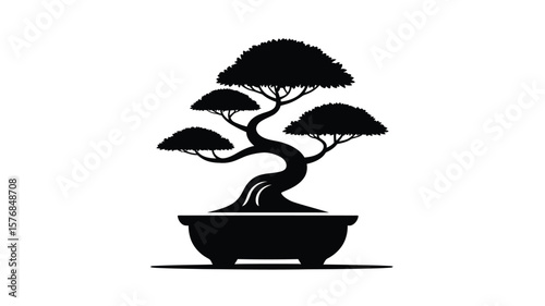 Stylized black silhouette of a mature bonsai tree in a pot