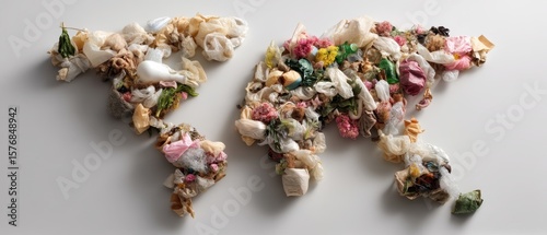 World map formed by trash on white background conceptual environmental art